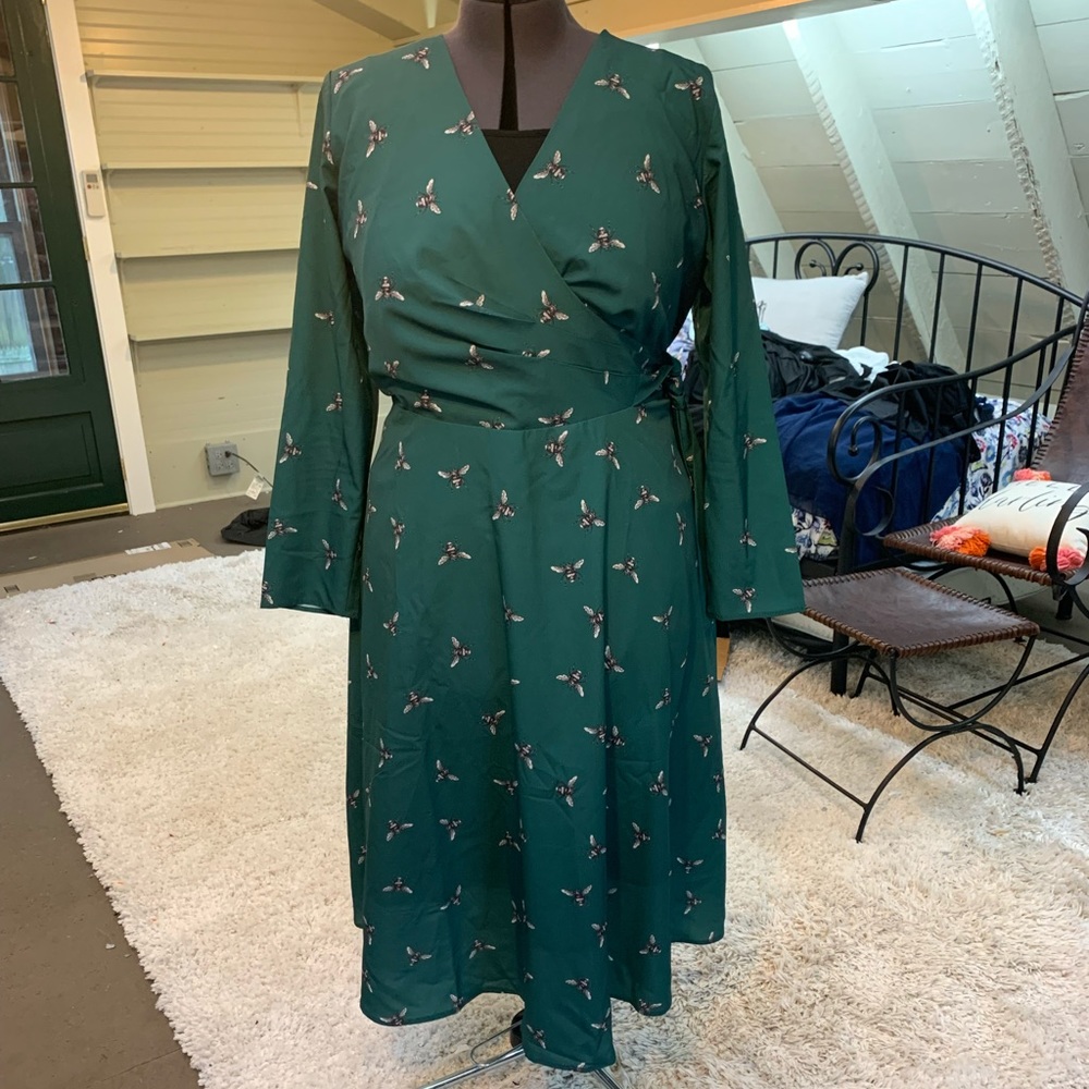 Faux-wrap midi dress, dark green with bees!